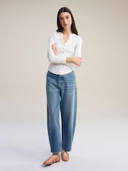 White Ribbed Button Detail Long Sleeve Henley Top - Image 2 of 7