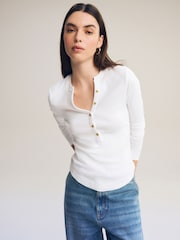 White Ribbed Button Detail Long Sleeve Henley Top - Image 3 of 7