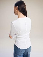 White Ribbed Button Detail Long Sleeve Henley Top - Image 4 of 7