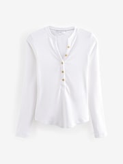 White Ribbed Button Detail Long Sleeve Henley Top - Image 6 of 7