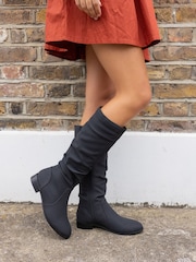 Novo Black Wide Fit Josslyn Ruched Knee High Flat Boots - Image 1 of 4