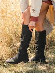 Novo Black Standard Fit Josslyn Ruched Knee High Flat Boots - Image 1 of 4