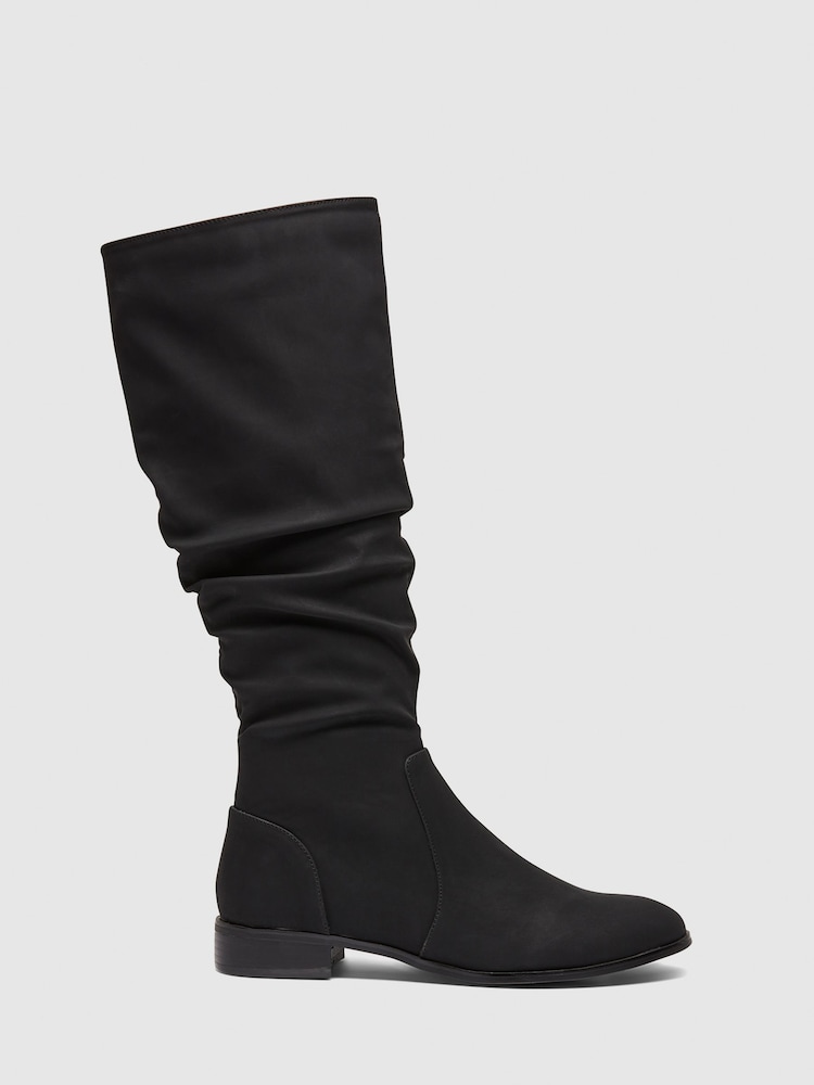 Novo Black Standard Fit Josslyn Ruched Knee High Flat Boots - Image 2 of 4