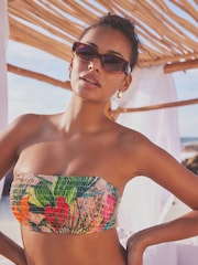 Tropical Print Shirred Bandeau Bikini Top - Image 1 of 6