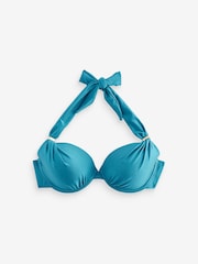 Teal Blue High Shine Padded Shaping Wired Halter Bikini Top - Image 6 of 7