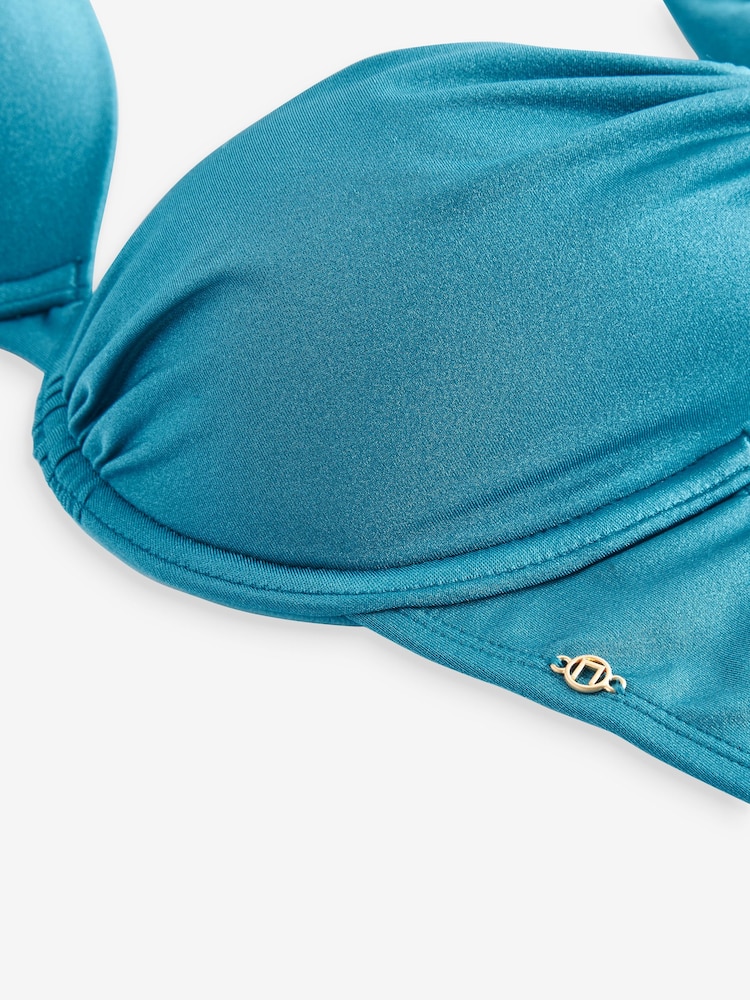 Teal Blue High Shine Padded Shaping Wired Halter Bikini Top - Image 7 of 7