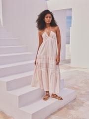 Rosa gestreift - Gestuftes Sommerkleid in Maxilänge mit Neckholder - Bild 1 von 8