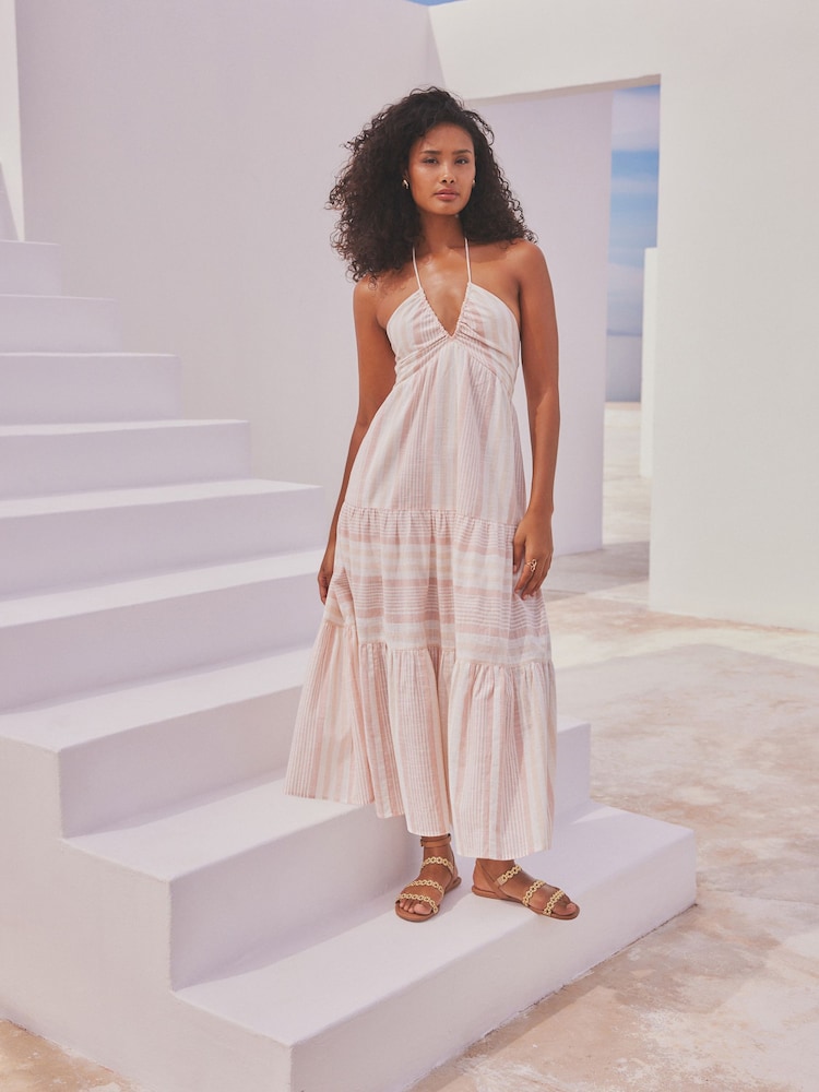 Rosa gestreift - Gestuftes Sommerkleid in Maxilänge mit Neckholder - Bild 1 von 8