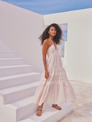 Rosa gestreift - Gestuftes Sommerkleid in Maxilänge mit Neckholder - Bild 3 von 8