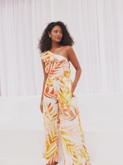 White/Pink Floral One Shoulder Ruffle Jumpsuit - Image 1 of 8