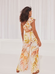 White/Pink Floral One Shoulder Ruffle Jumpsuit - Image 4 of 8
