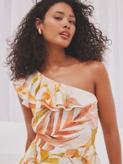 White/Pink Floral One Shoulder Ruffle Jumpsuit - Image 5 of 8