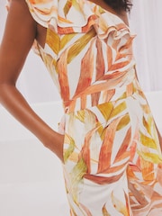 White/Pink Floral One Shoulder Ruffle Jumpsuit - Image 6 of 8
