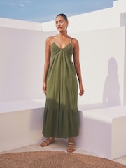 Khaki Green Crochet Maxi Summer Dress - Image 1 of 7