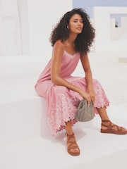 Pink/White Embroidered Strappy Midaxi Summer Dress - Image 1 of 7