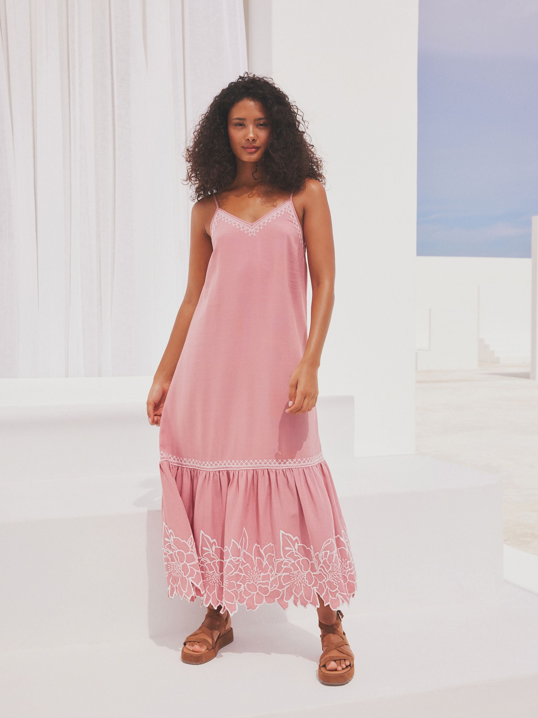 Buy Pink/White Embroidered Strappy Midaxi Summer Dress from