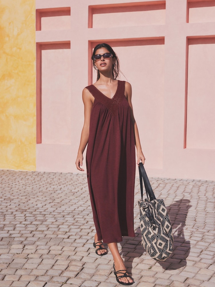 Berry Red Crochet Detail Jersey Summer Dress - Image 1 of 7