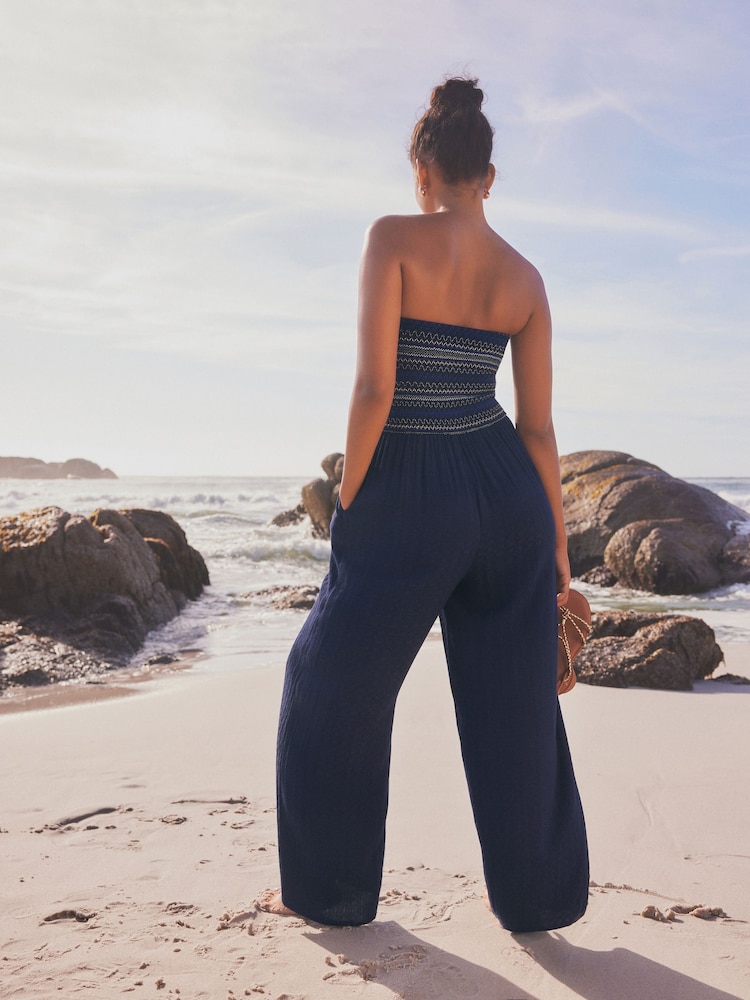 Navy Blue Multiway Halter-Tie Bandeau Wide Leg Jumpsuit - Image 2 of 5