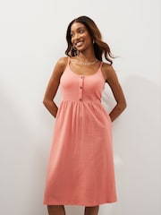 Coral Pink Button Down 100% Cotton Cami Summer Dress - Image 1 of 5