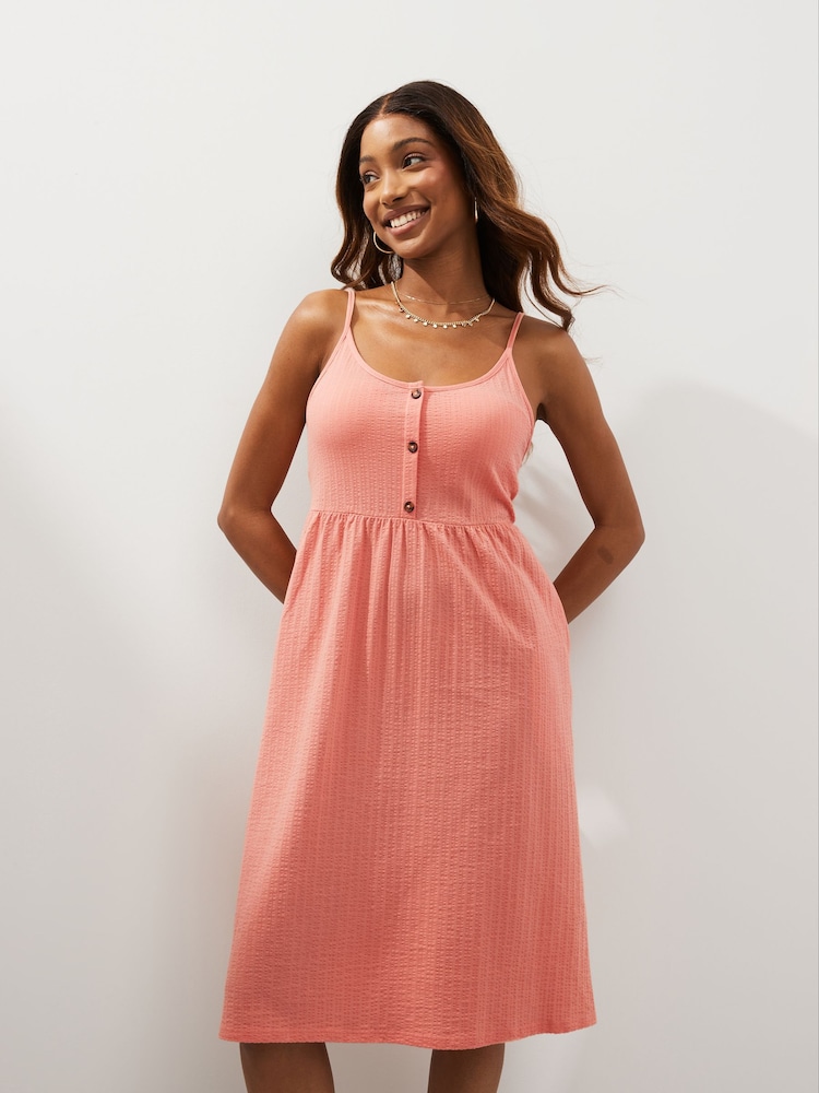 Coral Pink Button Down 100% Cotton Cami Summer Dress - Image 1 of 5