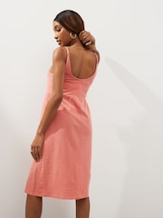 Coral Pink Button Down 100% Cotton Cami Summer Dress - Image 2 of 5