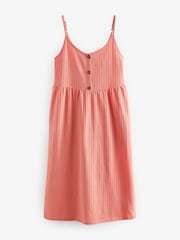 Coral Pink Button Down 100% Cotton Cami Summer Dress - Image 4 of 5