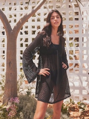 Black Crochet Lace Beach Cover-Up Kaftan - Image 1 of 7