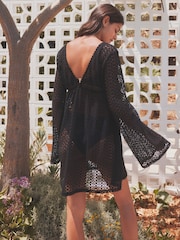 Black Crochet Lace Beach Cover-Up Kaftan - Image 2 of 7