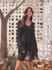 Black Crochet Lace Beach Cover-Up Kaftan - Image 4 of 7