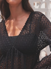 Black Crochet Lace Beach Cover-Up Kaftan - Image 5 of 7