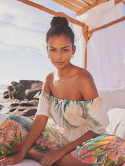 Cream/Green Tropical Off Shoulder Wide Leg Jumpsuit - Image 1 of 6