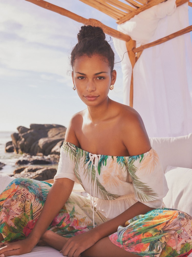 Cream/Green Tropical Off Shoulder Wide Leg Jumpsuit - Image 1 of 6