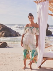 Cream/Green Tropical Off Shoulder Wide Leg Jumpsuit - Image 2 of 6