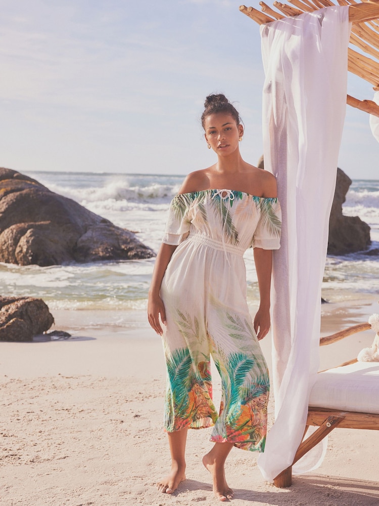 Cream/Green Tropical Off Shoulder Wide Leg Jumpsuit - Image 2 of 6