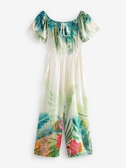Cream/Green Tropical Off Shoulder Wide Leg Jumpsuit - Image 5 of 6