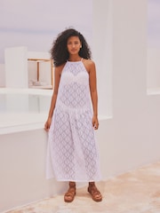 White Jersey Crochet Maxi Summer Cover-up Dress - Image 1 of 8