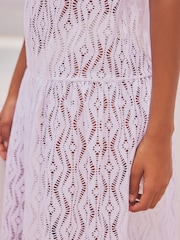 White Jersey Crochet Maxi Summer Cover-up Dress - Image 5 of 8