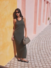 Khaki Green Jersey Ribbed Bodycon Summer Dress - Image 1 of 7