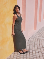 Khaki Green Jersey Ribbed Bodycon Summer Dress - Image 3 of 7