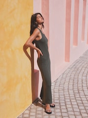 Khaki Green Jersey Ribbed Bodycon Summer Dress - Image 4 of 7