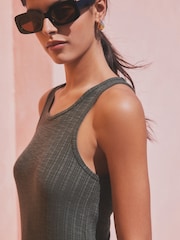 Khaki Green Jersey Ribbed Bodycon Summer Dress - Image 5 of 7