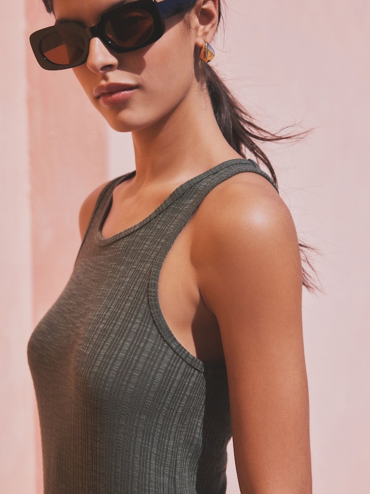 Khaki Green Jersey Ribbed Bodycon Summer Dress - Image 5 of 7