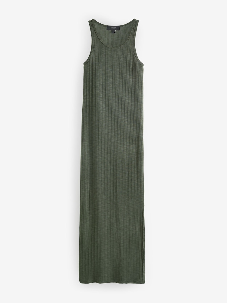 Khaki Green Jersey Ribbed Bodycon Summer Dress - Image 6 of 7