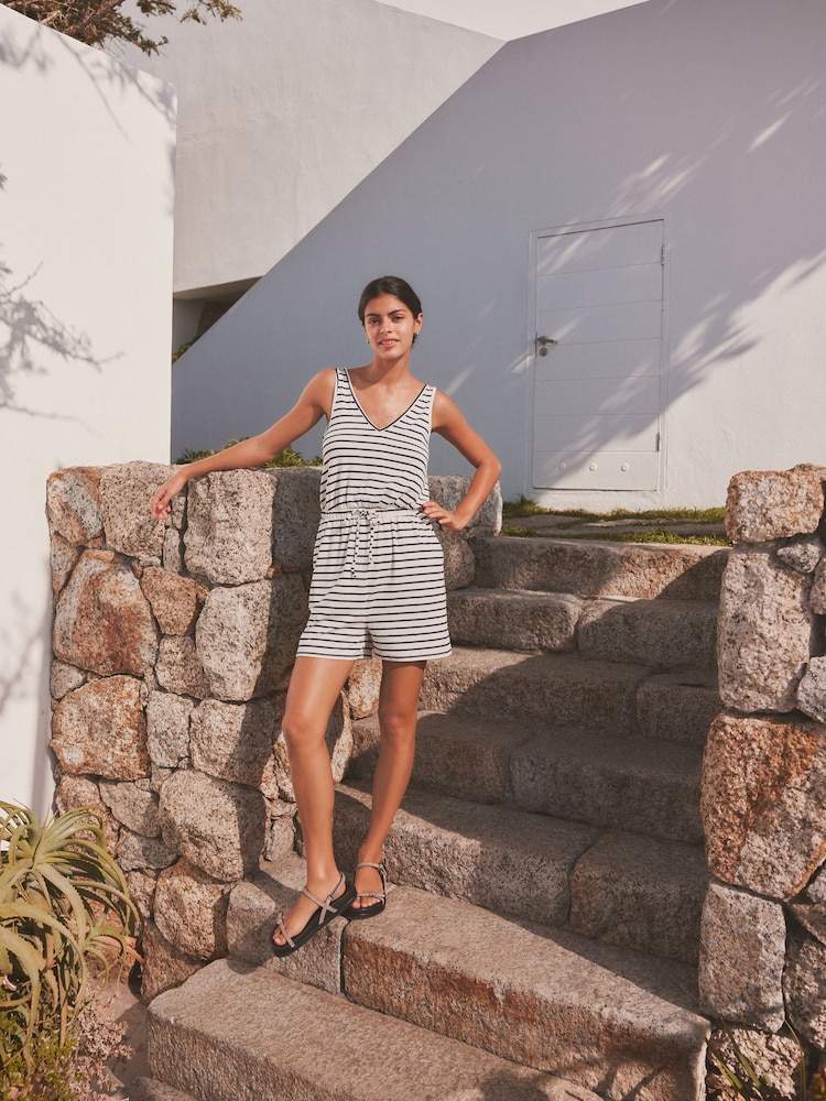 Cream/Navy Stripe Jersey V-Neck Playsuit - Image 2 of 8