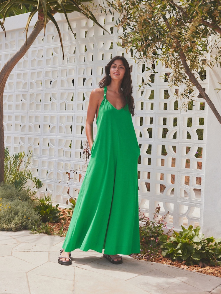 Green 100% Cotton Knot Summer Maxi Dress - Image 1 of 8