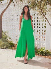 Green 100% Cotton Knot Summer Maxi Dress - Image 3 of 8