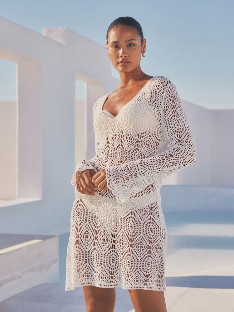 White 100% Cotton Crochet Cover-Up - Image 1 of 7