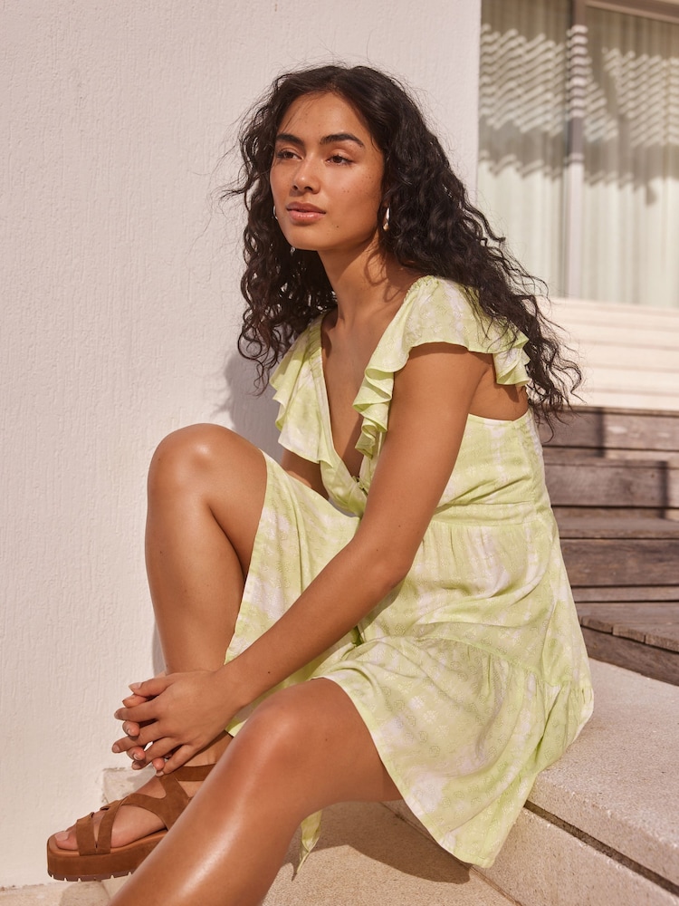 White/Lime Tie Dye Feminine Frill Mini Summer Dress - Image 2 of 5