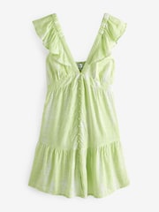 White/Lime Tie Dye Feminine Frill Mini Summer Dress - Image 4 of 5