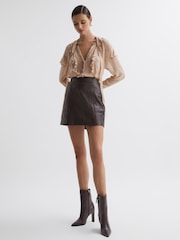 Reiss Chocolate Edie Leather High Rise Mini Skirt - Image 1 of 5